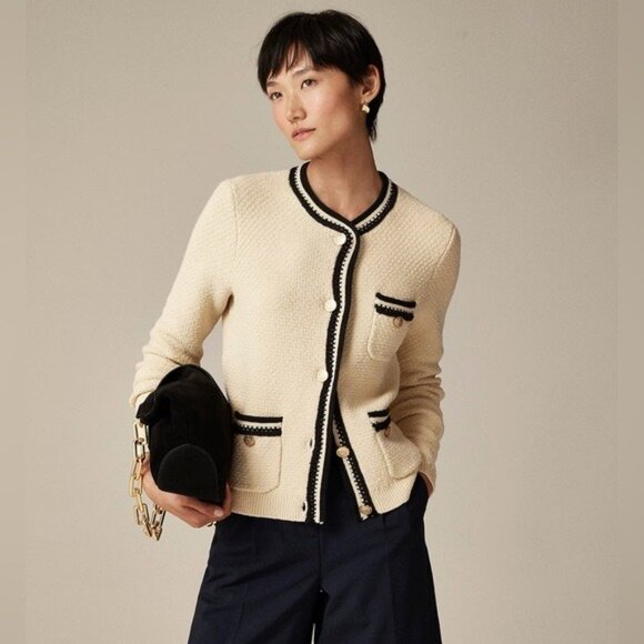 J. Crew Cream/Navy Contrast-Trim Cardigan Women's Size XXL Button Up Relaxed Fit - Picture 1 of 11